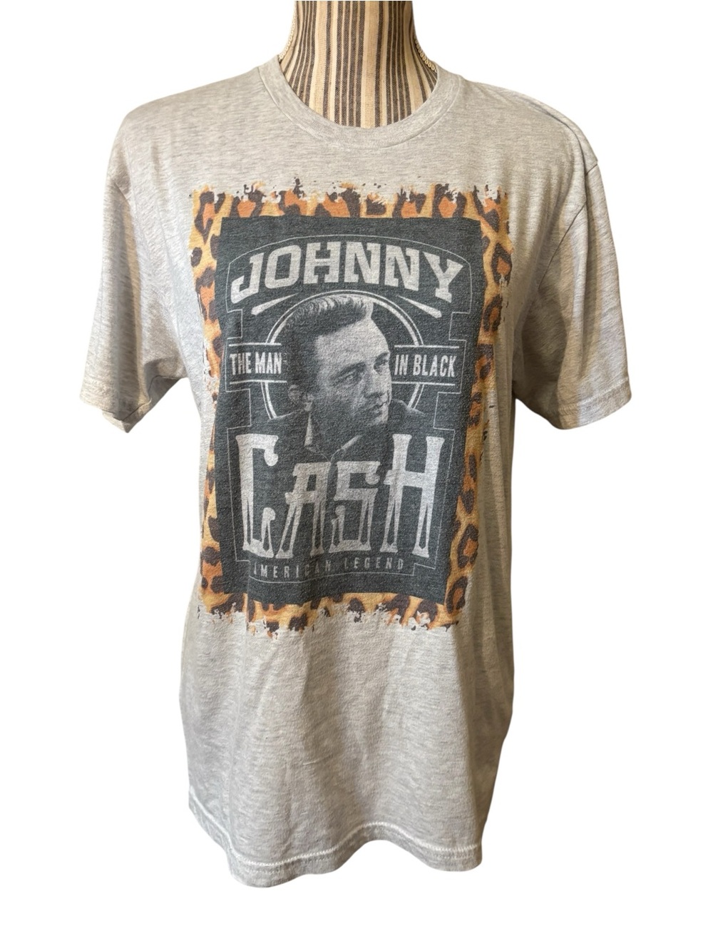 Johnny Cash T-Shirt Medium Next Level Apparel Gray Leopard-Trim Graphic Tee